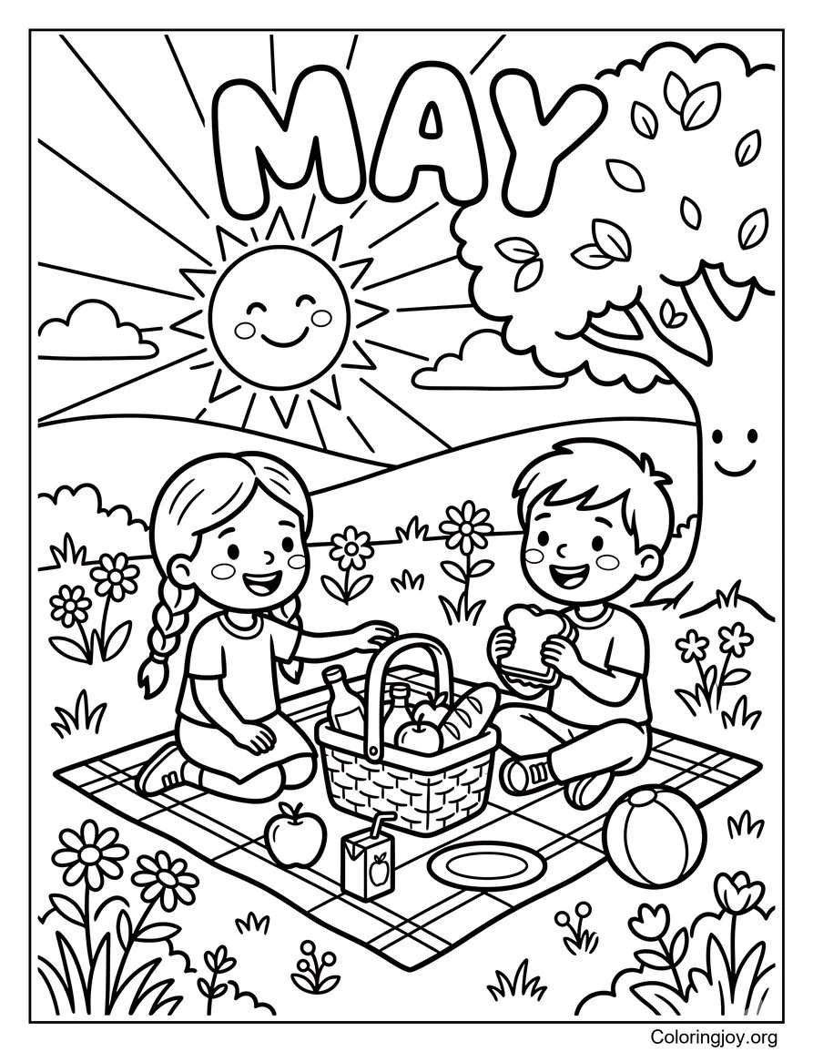 May Sunshine Picnic Scene Coloring Page For Kids