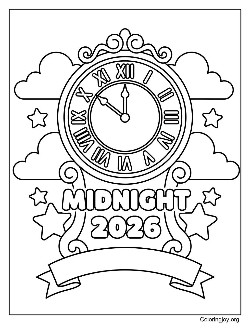 Midnight 2026 clock printable to color