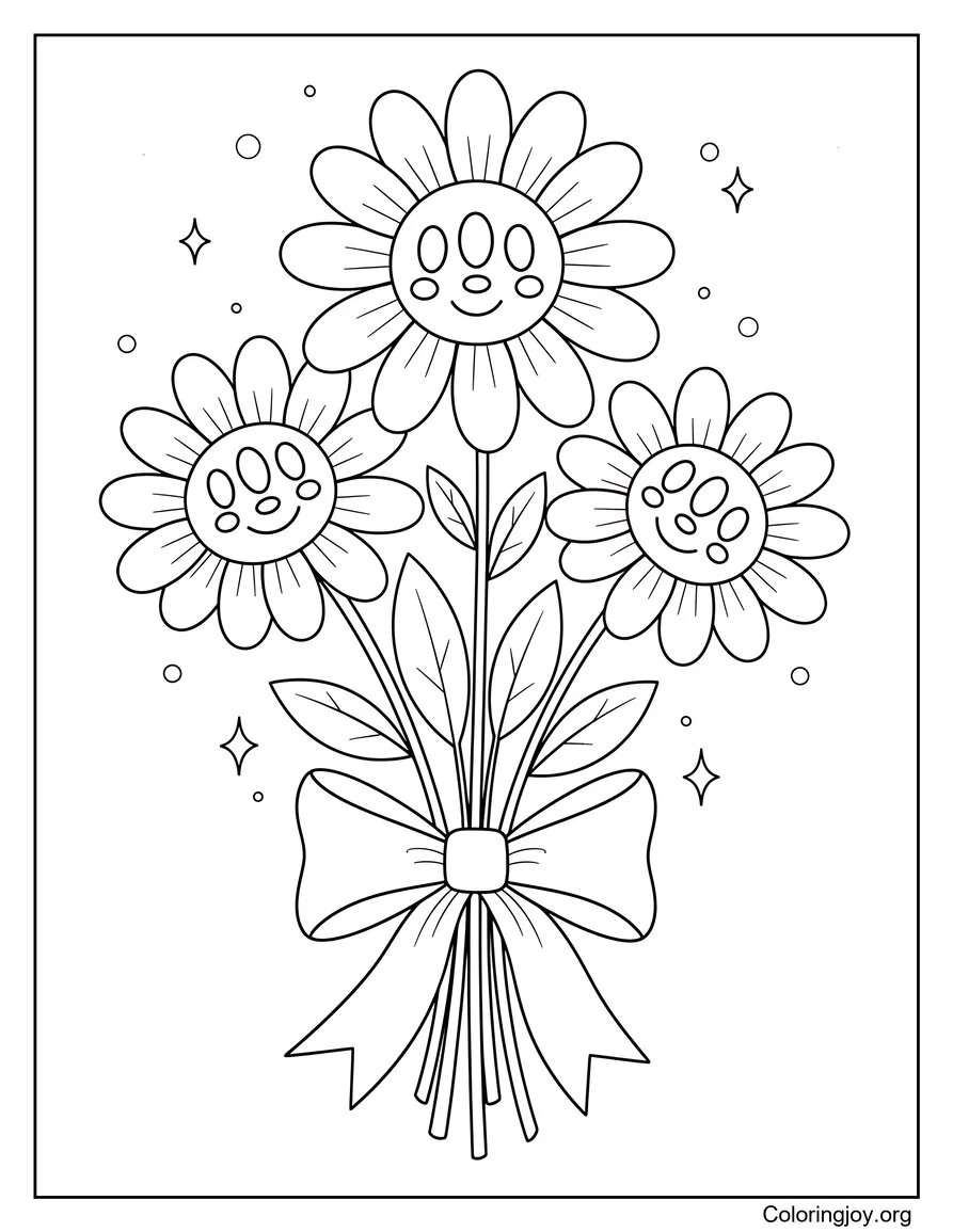 Spring Flower Bouquet With Ribbon Coloring Page