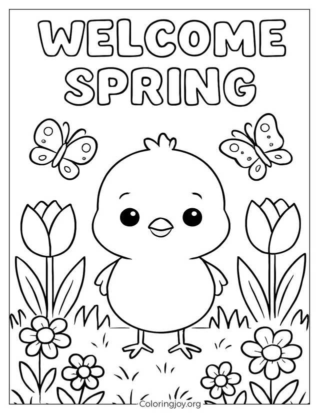 Chick and Flowers Spring template for kids