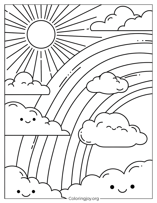 Easy Smiling Sun with Rainbow to color