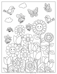 Garden Flowers and Bees Coloring Page