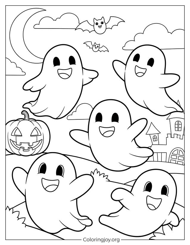 Happy Ghosts Halloween Coloring Page