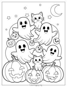 Happy Ghosts and Cat Halloween Coloring Sheet