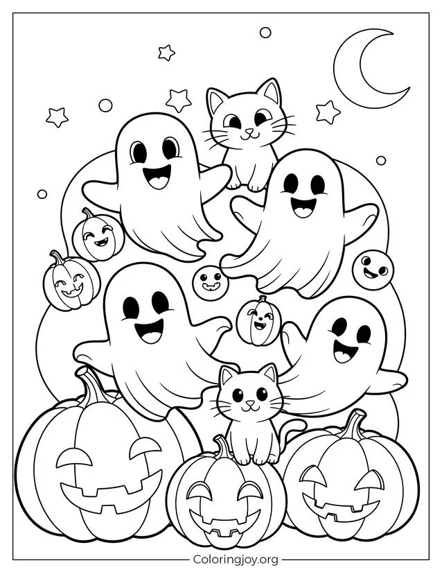 Happy Ghosts and Cat Halloween Coloring Sheet