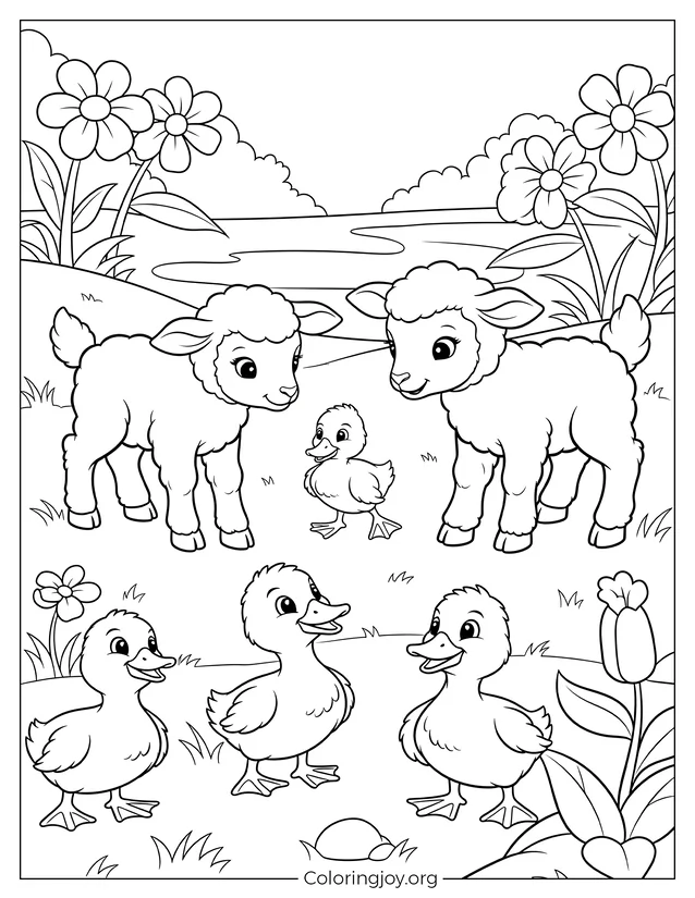 Playful Lambs and Ducklings