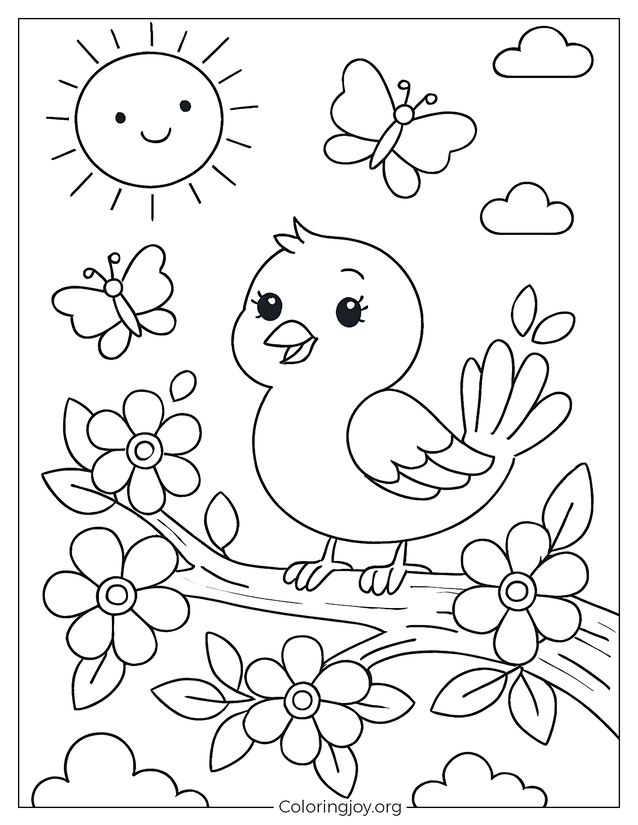 Spring Cheerful Bird & Flowers coloring sheet