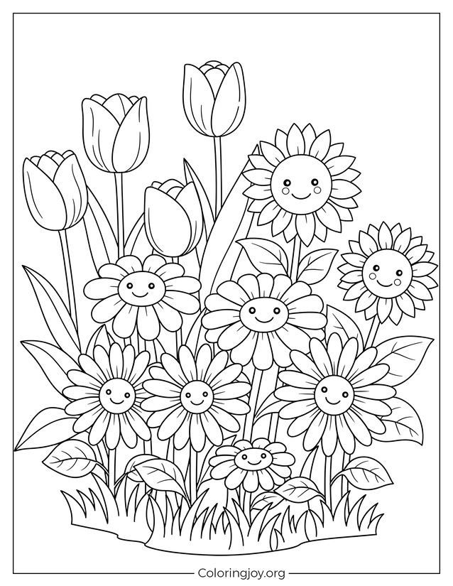 Spring Flower Field Coloring Sheet