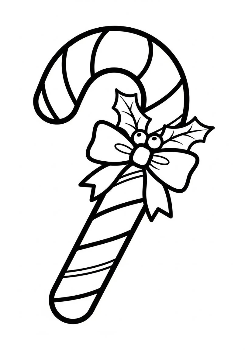 Classic Candy Cane with Holly Bow Coloring Page