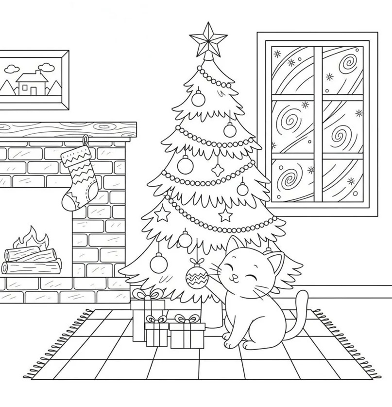 Cat Christmas Tree Coloring Page .