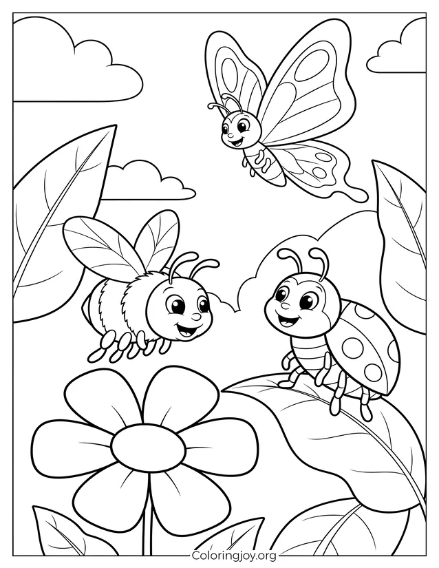 Abeja sonriente y mariquita en el jardín