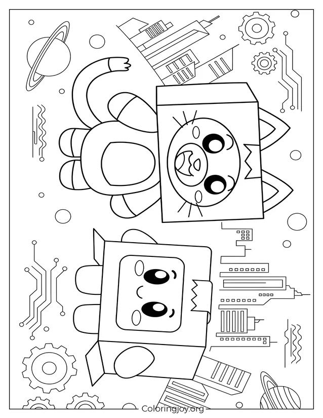 Hoja para colorear futurista de Foxy y Boxy