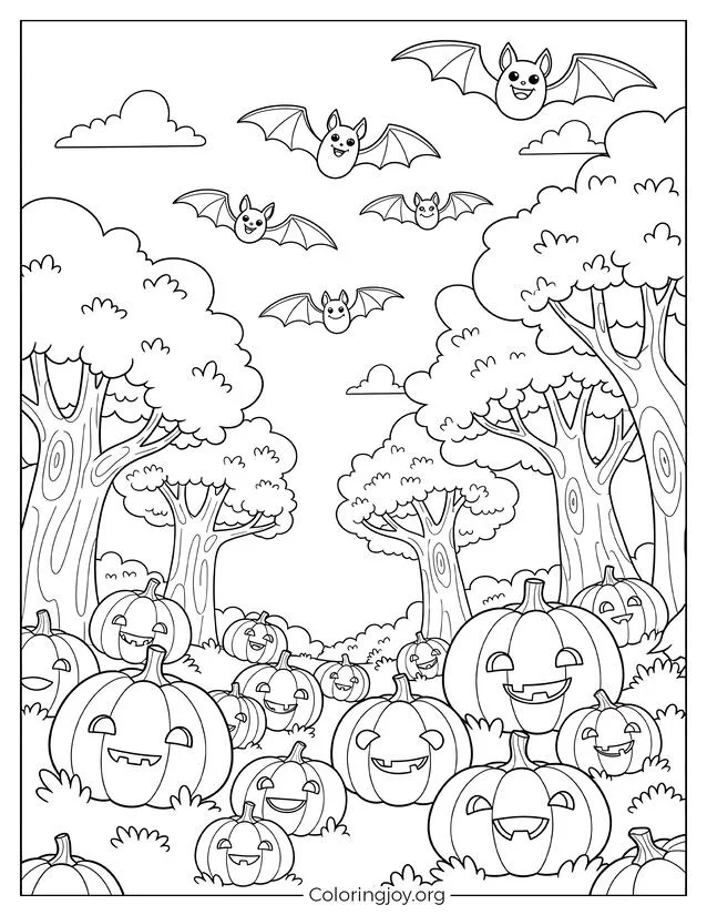 Actividad lúdica para colorear el bosque de calabazas