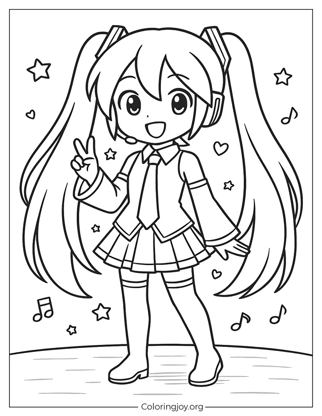 Dibujo para colorear alegre Hatsune Miku para niños