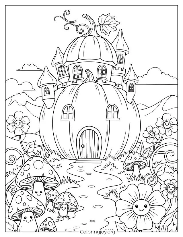 Hoja para colorear del castillo de hadas de calabaza