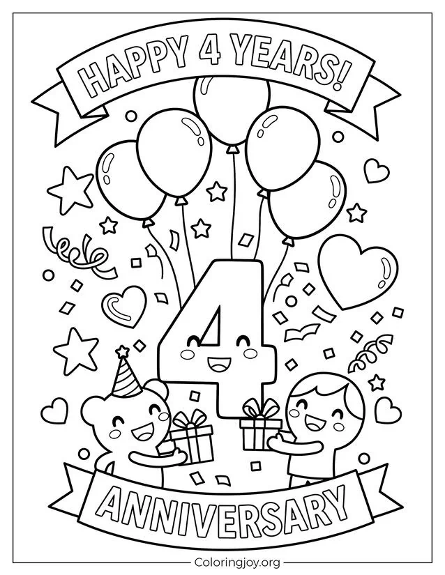 Hoja para colorear de celebración del cuarto aniversario