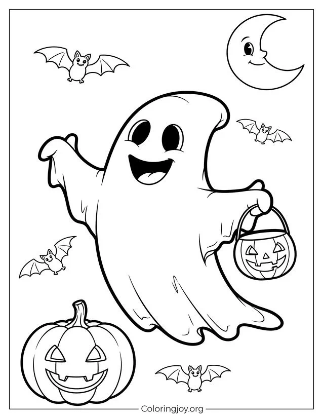 Divertida página para colorear de fantasmas y calabazas