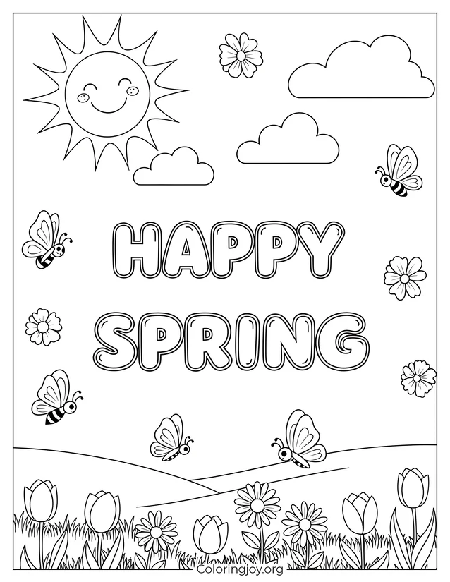 Hoja para colorear fácil de feliz primavera