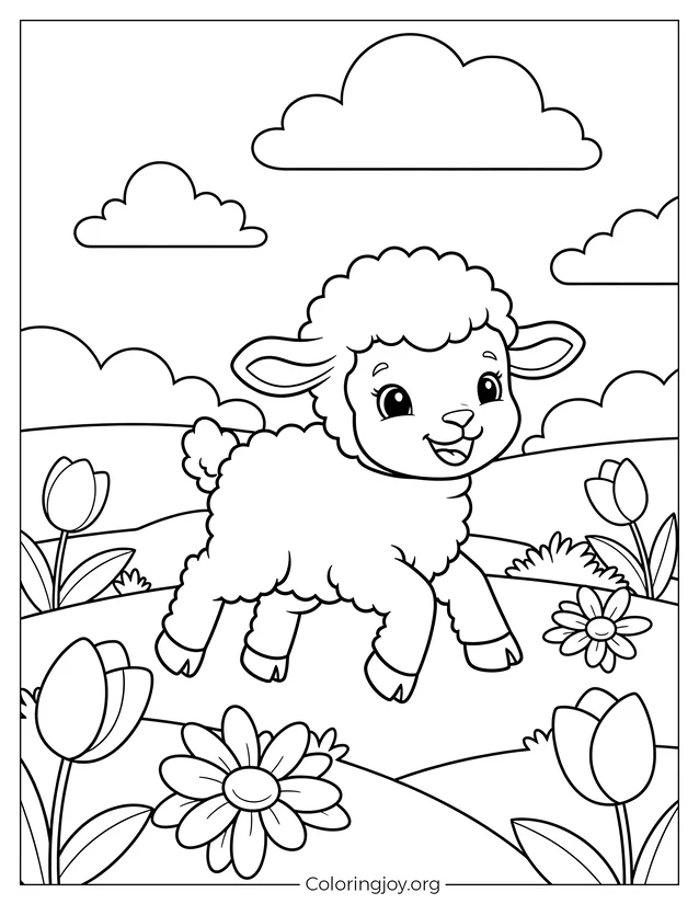 Escena feliz del cordero primaveral PDF imprimible