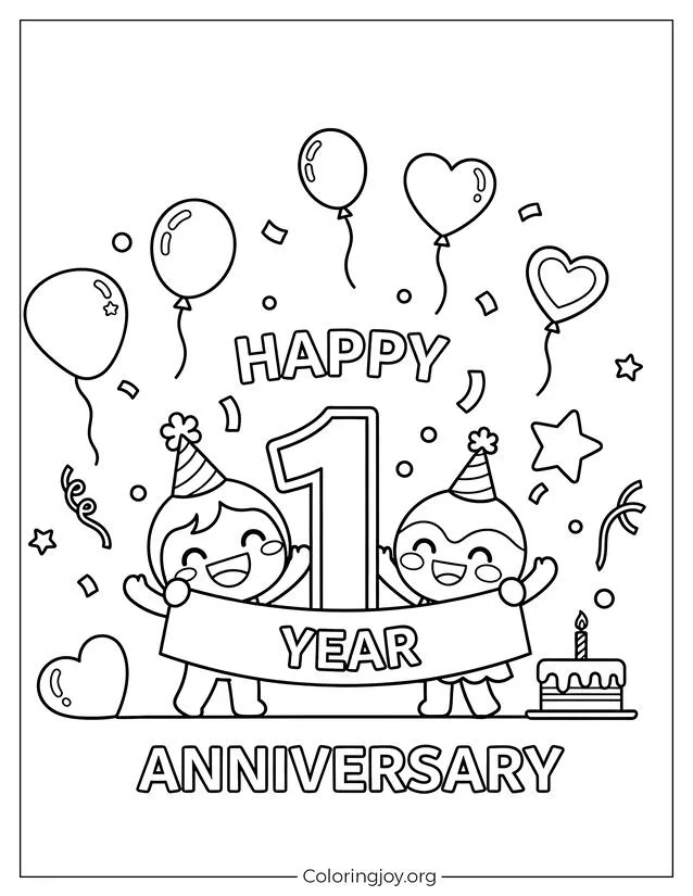 Página para colorear de feliz primer aniversario