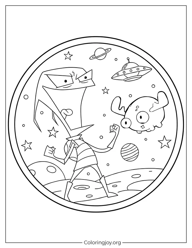 Hoja para colorear de Invader Zim y Minimoose Space