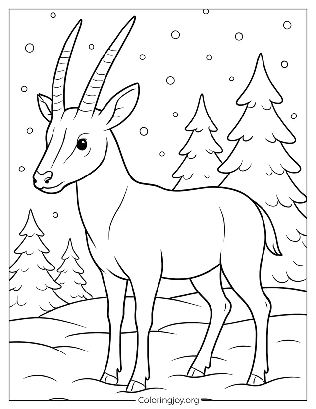 Hoja para colorear de invierno Saola con nieve cayendo