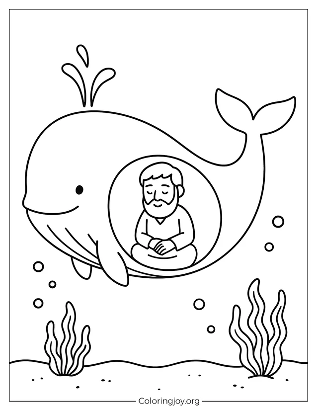 Hoja para colorear fácil de Jonás sentado dentro de la ballena