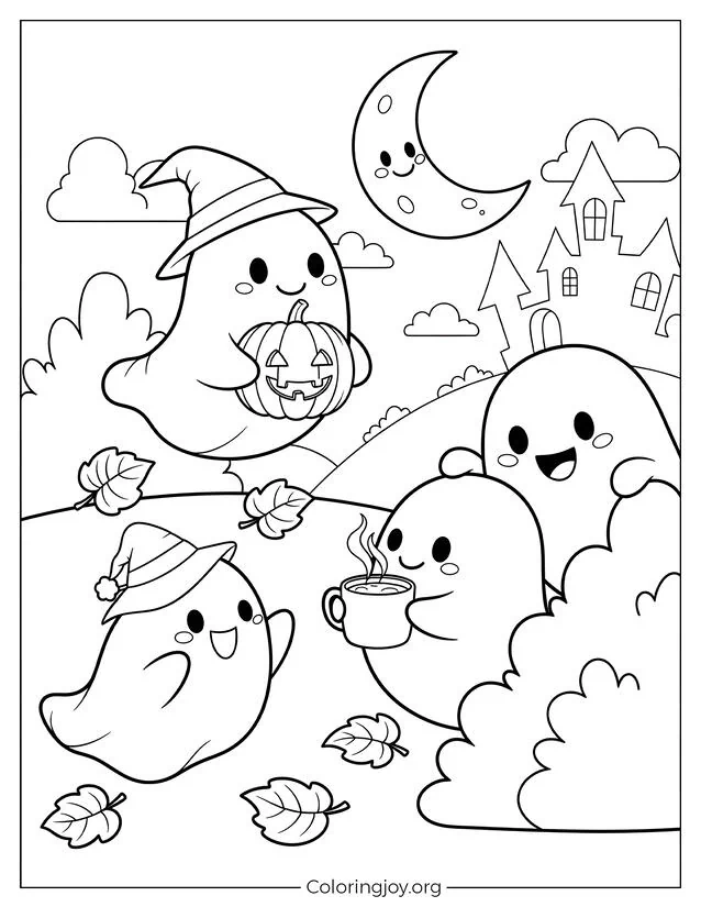 Página para colorear de trío de fantasmas de Halloween juguetón