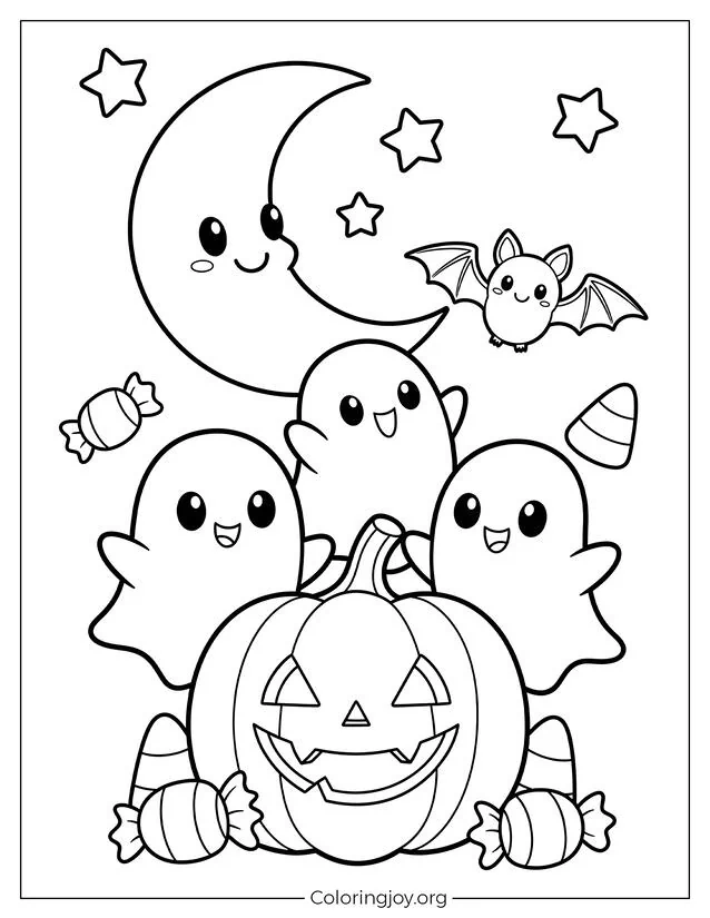 Linda página para colorear de calabazas y fantasmas de Halloween