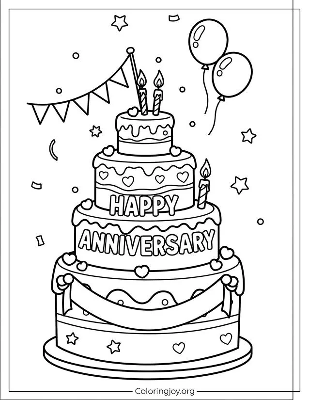 Página para colorear de pastel de aniversario