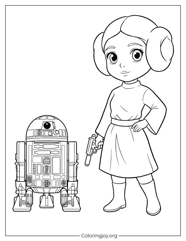 Dibujo de Princesa Leia y R2-D2 para colorear