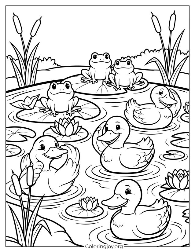 Página para colorear de Ranas amigables en el estanque para niños pequeños