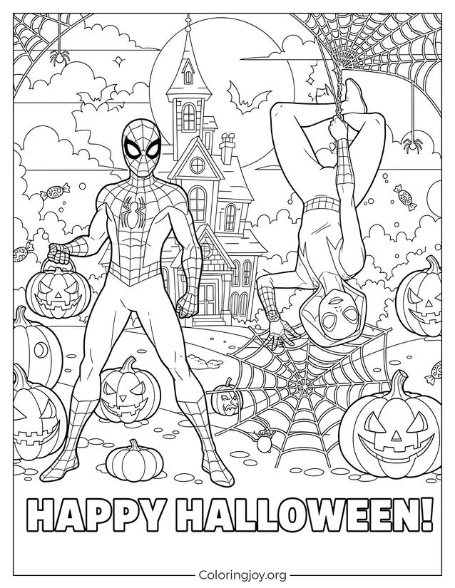 Página para colorear de Halloween del Hombre Araña y la Araña Fantasma