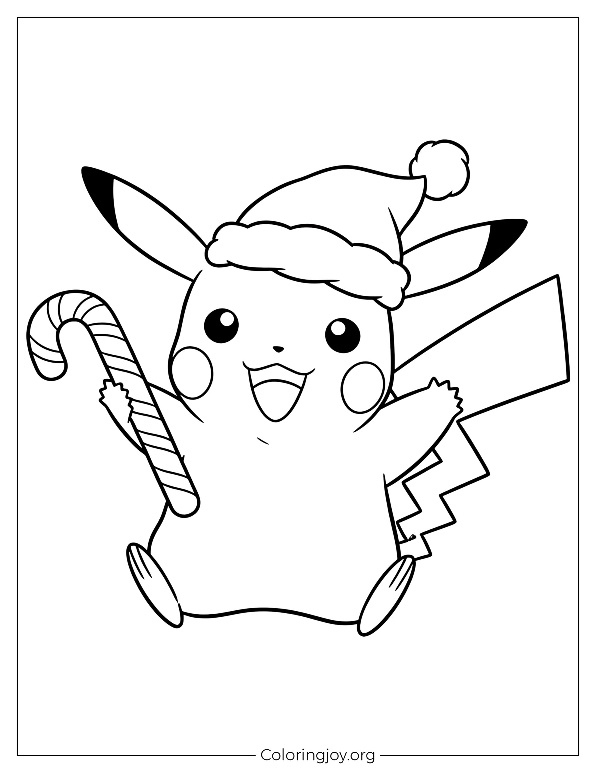 Pikachu with Santa Hat and Candy Cane Christmas Coloring Page