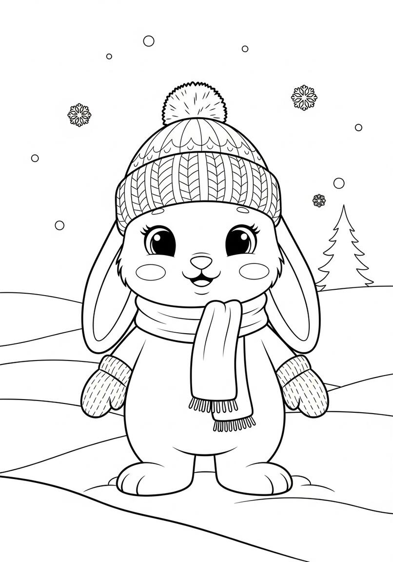 Adorable Snow Bunny in Winter Attire Coloring Page