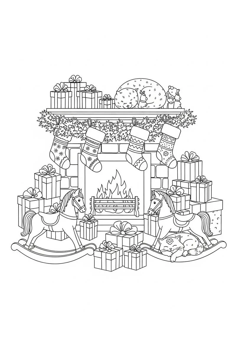 Adult Christmas Fireplace and Gifts Coloring Page