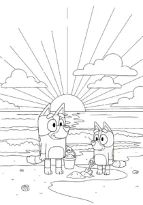 Bluey and Bingo Beach Sunset Coloring Page