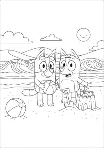 Bluey and Bingo Summer Beach Fun Coloring Page