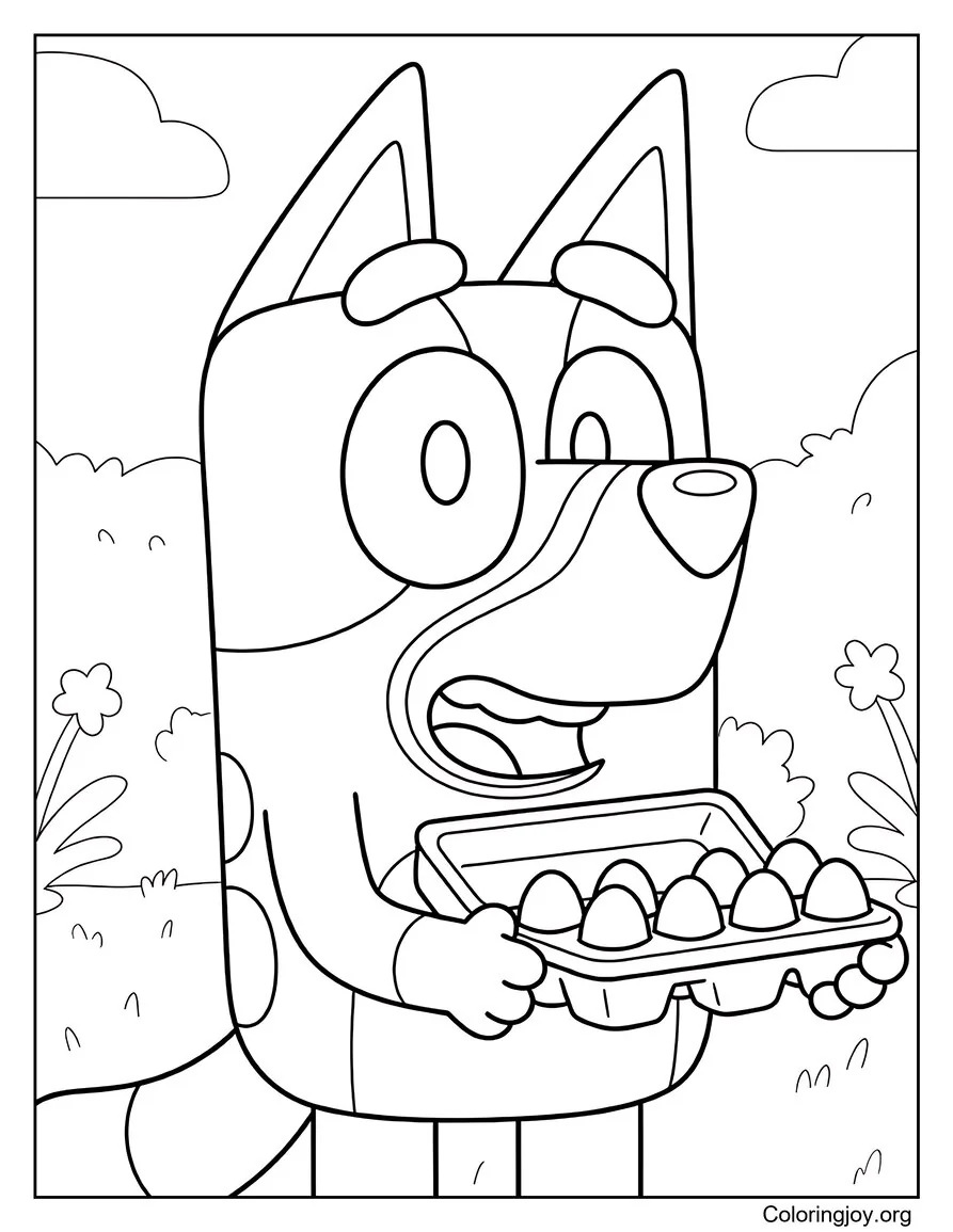 Here a surprised puppy holds an egg carton with wide, shocked eyes.