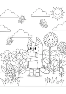 Bluey Playful Spring Garden Flowers Coloring Page