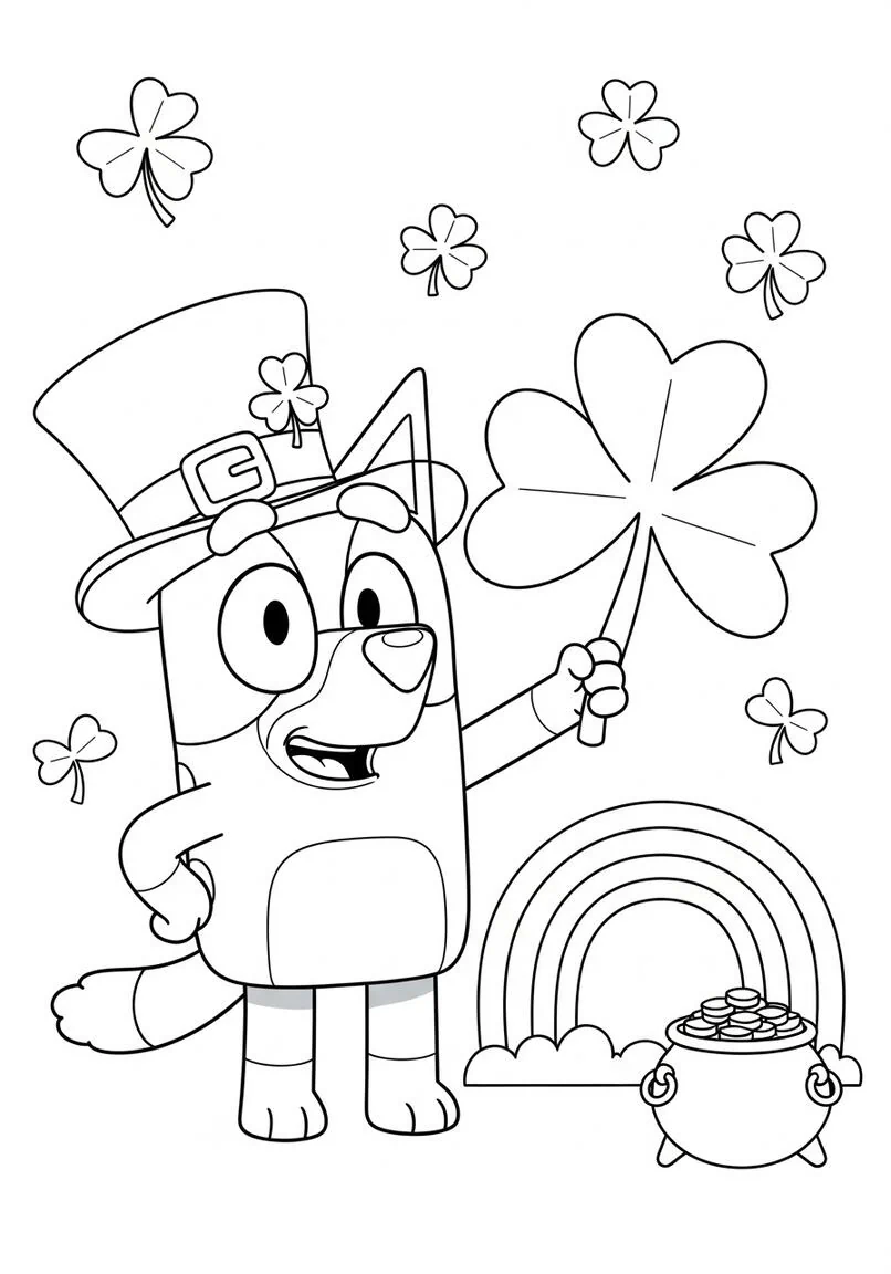 Bluey St. Patrick's Day Leprechaun Hat and Shamrock Coloring Page