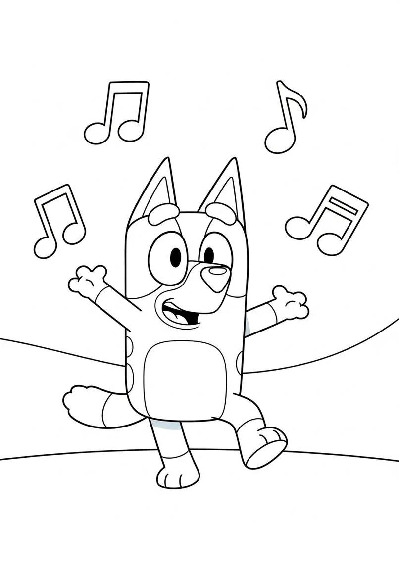 Bluey's Energetic Dance Party with Musical Notes