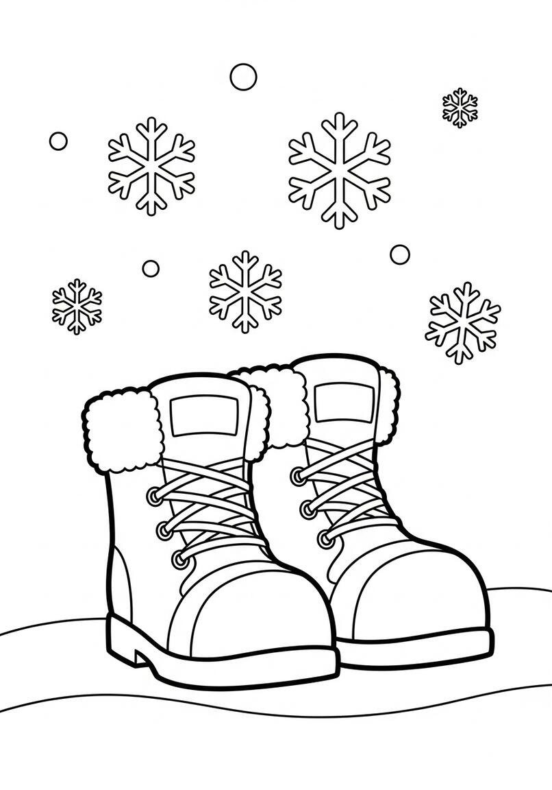 Charming Winter Boots and Snowflakes Coloring Page