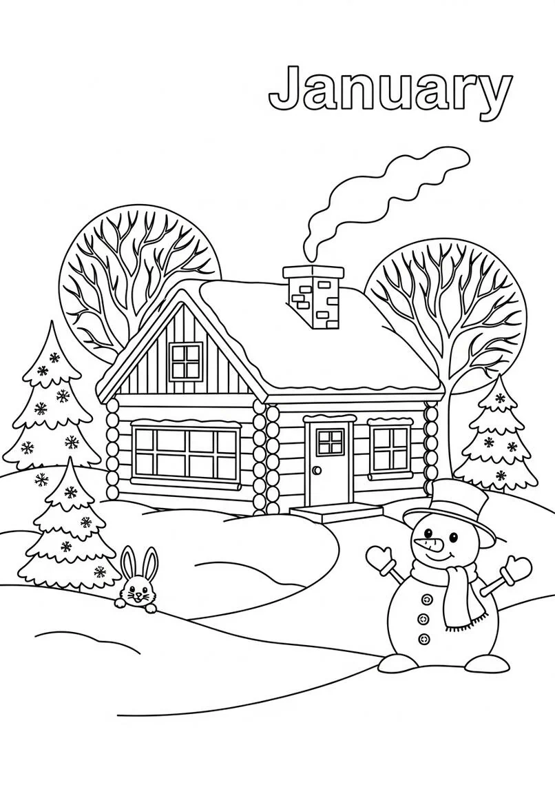 Charming Winter Cabin with Playful Snowman and Bunny