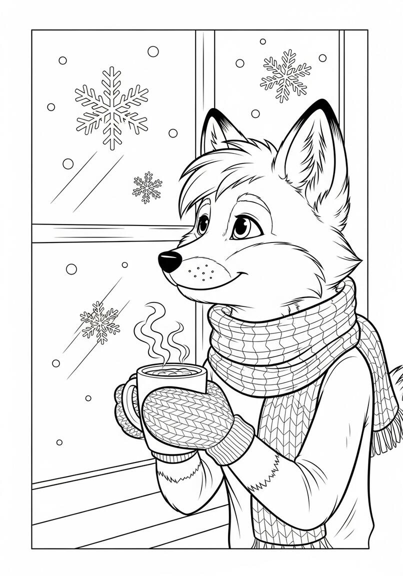Cheerful Fox with Hot Cocoa and Snowflakes Coloring Page