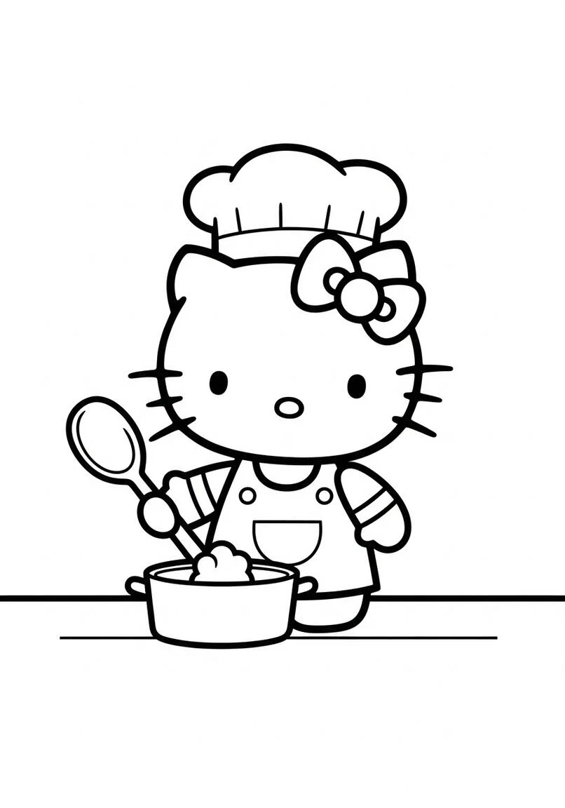 Cheerful Hello Kitty Chef in Kitchen Coloring Page