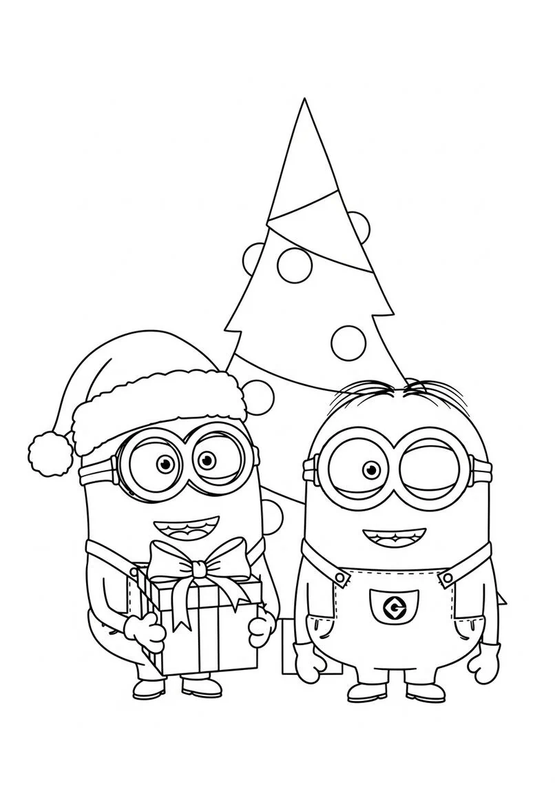 Minions Christmas Presents and Tree Coloring Page