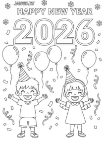 Cheerful New Year 2026 Party with Kids and Confetti