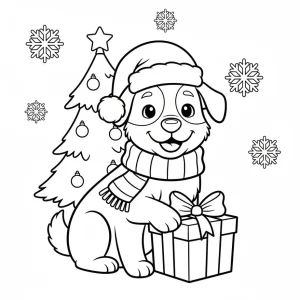 Christmas Dog with Santa Hat and Present Coloring Page