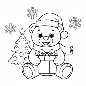 Christmas Teddy Bear with Present Coloring Page